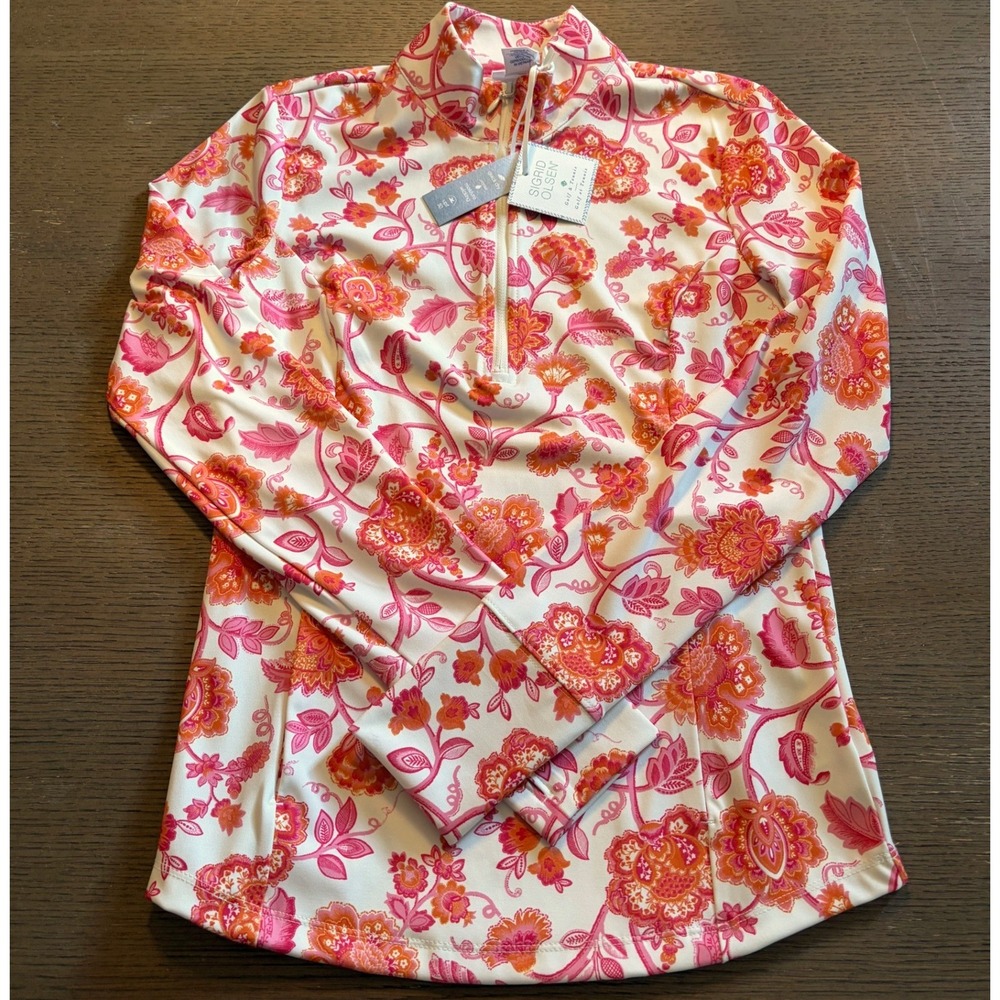 Sigrid Olsen Women Pink Orange Floral Paisley Quarter Zip UPF 50 Active Top NEW
